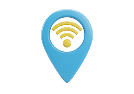 Blue location pin with yellow wifi symbol isolated PNG, wireless internet access point for maps and navigation apps - Powered by Adobe