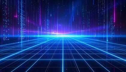Futuristic digital grid network, glowing neon blue lines, cyber space abstract background, representing technology, connectivity, virtual reality, data streams, innovation, circuits, modern design, el