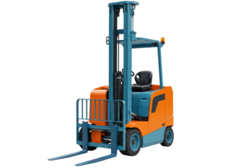 Orange and blue forklift truck isolated PNG, industrial vehicle for warehouse and construction site operations