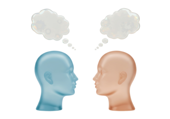 Two mannequin heads facing each other with thought bubbles isolated on transparent background, communication and understanding concept