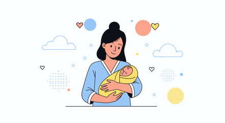 Illustration of a happy mother lovingly cradling her newborn baby in a comforting embrace