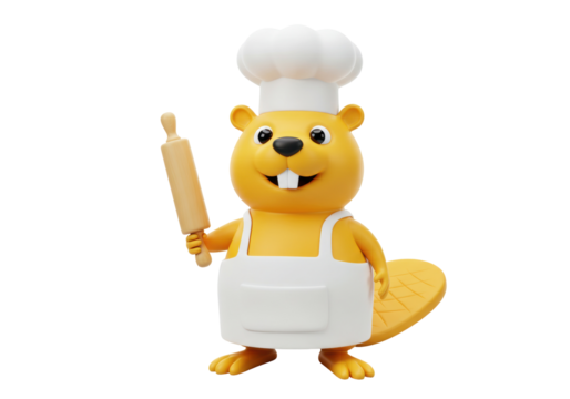 Cartoon beaver chef PNG isolated, holding rolling pin and wearing apron and chef s hat, cute animal character for baking and cooking