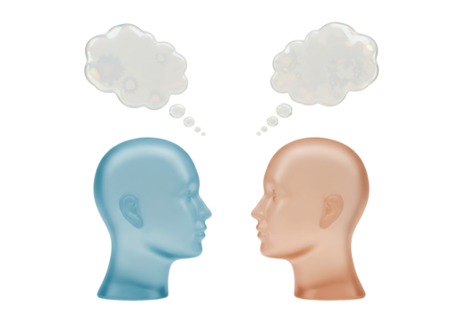 Two mannequin heads facing each other with thought bubbles isolated on transparent background, communication and understanding concept
