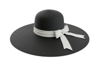 Elegant black sun hat with white ribbon isolated on transparent background, stylish summer accessory for sun protection and fashion