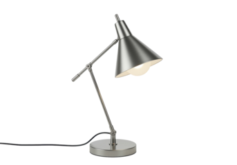 Adjustable silver desk lamp isolated on white, modern lighting fixture for home office and study room decor