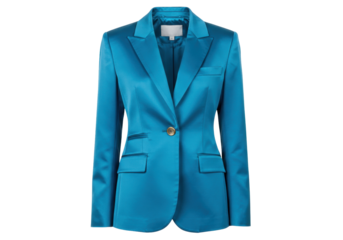 Elegant turquoise satin blazer isolated, stylish women s jacket for professional or evening wear on a clean backdrop
