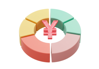 Colorful pie chart with Yen symbol isolated on transparent background, financial data visualization for business and investment