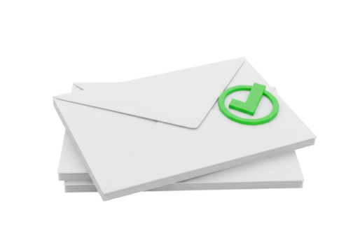 Stack of white envelopes with green check mark isolated, mail correspondence concept for business communication and confirmation PNG