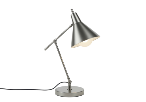 Adjustable silver desk lamp isolated on white, modern lighting fixture for home office and study room decor