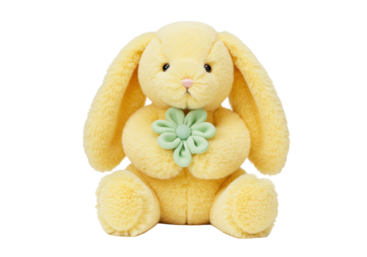 Adorable yellow plush bunny with green flower isolated, soft toy for kids and Easter decoration PNG