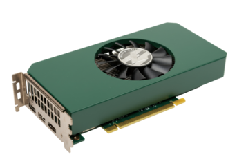 Green graphics card isolated, computer component for gaming and video editing on a clean background, high-performance hardware