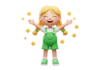 Happy cartoon girl with blonde braids isolated PNG, cheerful child in green overalls with stars on transparent background