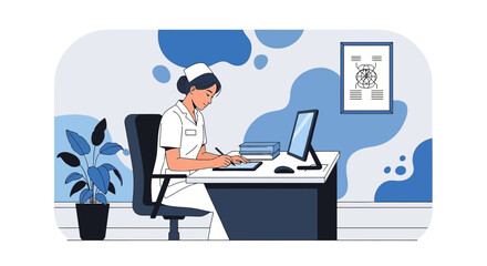 Illustration of a nurse working at a desk in a modern medical office setting