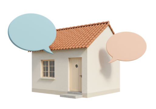 Small house with speech bubbles isolated on transparent background, real estate concept for communication and property discussion PNG