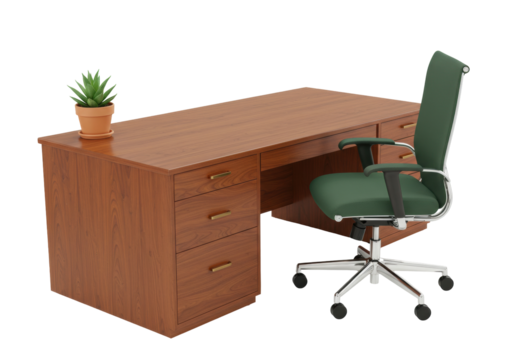 Executive desk and chair isolated on transparent background, office furniture set for workspace and interior design