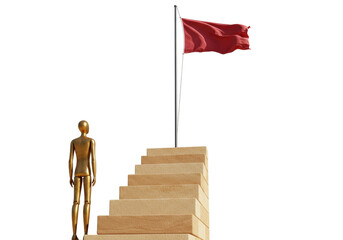 Golden mannequin on stairs to red flag isolated on transparent background, concept of success and achievement PNG