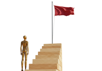 Golden mannequin on stairs to red flag isolated on transparent background, concept of success and achievement PNG