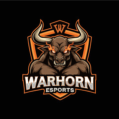 Fototapeta premium Fierce Warhorn Esports Bull Logo with Flaming Eyes, Ready for Gaming Domination and Streaming Branding, Perfect for Team Mascots and Online Tournaments