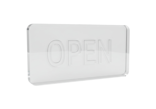 Clear acrylic open sign isolated on transparent background, business store shop entrance welcome notice for retail and service industry PNG