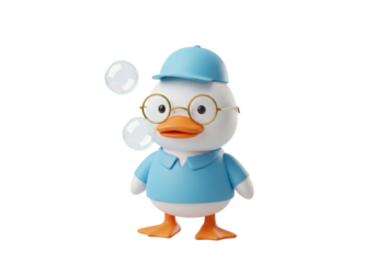 Adorable duck cartoon character PNG isolated, wearing glasses and a hat, cute animal on transparent background, whimsical design