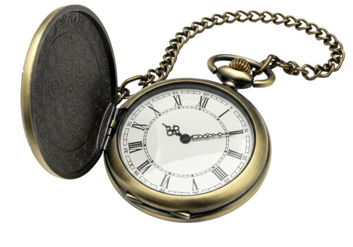 Antique bronze pocket watch with chain isolated on transparent background, vintage timepiece with Roman numerals for steampunk design