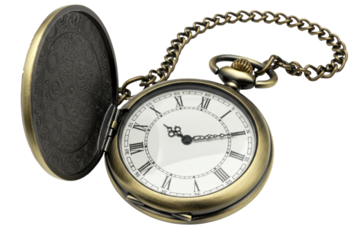 Antique bronze pocket watch with chain isolated on transparent background, vintage timepiece with Roman numerals for steampunk design