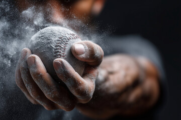 A baseball player is holding a ball in his hand, covered in dirt and powder
