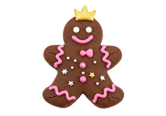 Gingerbread princess cookie isolated PNG, decorated brown biscuit with crown and pink icing for Christmas and holiday baking