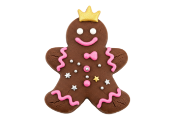 Gingerbread princess cookie isolated PNG, decorated brown biscuit with crown and pink icing for Christmas and holiday baking