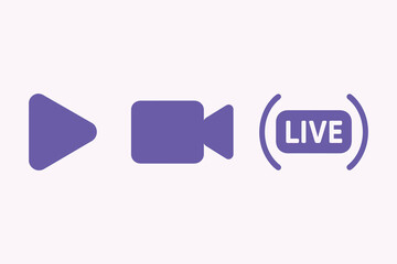 Collection of three purple icons representing play video camera and live streaming on a light pink background
