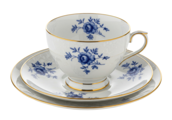 Elegant porcelain teacup and saucer set with blue floral design isolated, fine china tableware for afternoon tea and special occasions