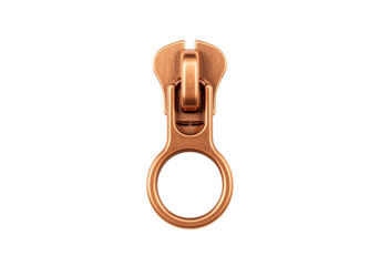 Copper zipper pull isolated on transparent background, metal slider for clothing and fashion design projects