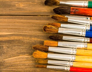 Assorted paintbrushes on a wooden surface