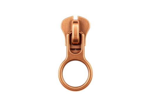 Copper zipper pull isolated on transparent background, metal slider for clothing and fashion design projects