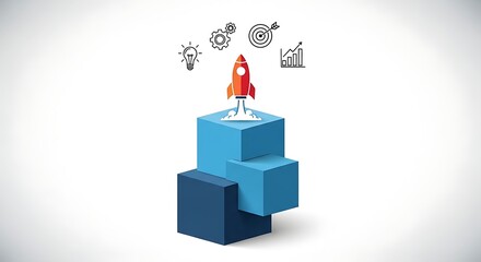 Fototapeta premium Rocket Launching on Blue Blocks with Business and Innovation Icons in Modern Style