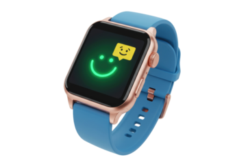 Smartwatch with smiley face isolated on white, modern wearable tech with blue band for fitness tracking and communication