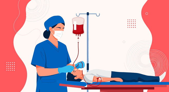 Medical professional administering blood transfusion therapy to a patient illustration - Powered by Adobe
