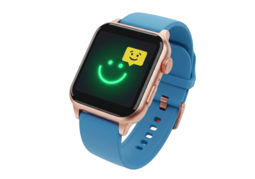 Smartwatch with smiley face isolated on white, modern wearable tech with blue band for fitness tracking and communication