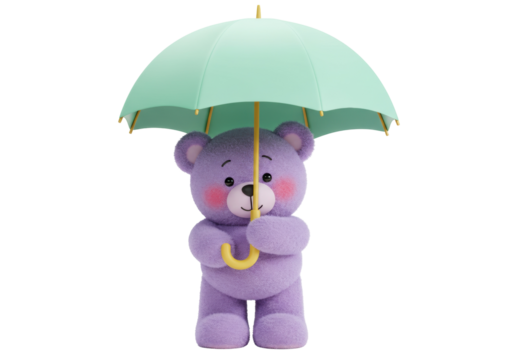 Adorable purple teddy bear holding a mint green umbrella isolated PNG, cute plush toy for kids and whimsical designs