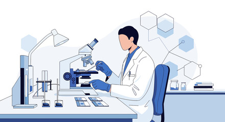 Scientist analyzing samples under a microscope in a laboratory setting illustration