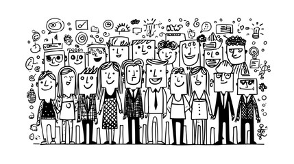 Cartoon group of smiling characters with doodles