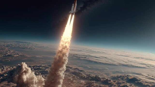 A powerful launch vehicle ascends into the vast exosphere, its brilliant engines propelling it skyward with an explosive force, symbolizing the boundless human ambition for exploration and scientific 