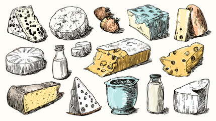 Variety of hand-drawn cheeses and dairy products