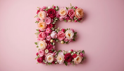 Capital letter E made of a bouquet of pink and red roses on a pastel background