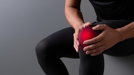 Man holding sore knee with red pain highlight, sports injury and arthritis concept on gray background, copy space