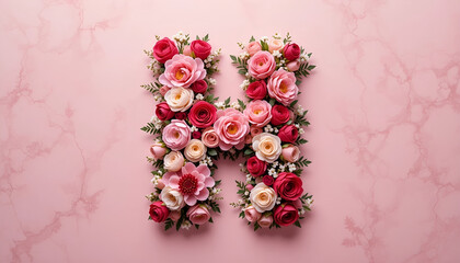 Capital letter H made of pink and red flowers on a pale pink background
