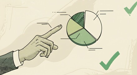 Pie Chart Analysis with Pointing Hand: Business Performance Illustration