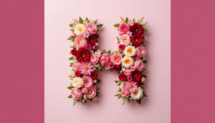 Capital letter H made of pink and red flowers on a pale pink background