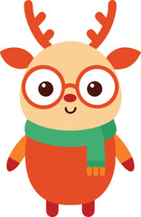Cute cartoon reindeer character wearing round glasses and a cozy scarf