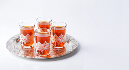 Silver tray with Arabic tea glasses arranged on a white surface, copy space  